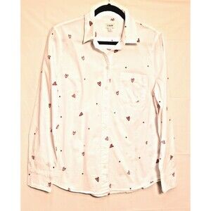 Women's J Crew White Red Heart Print Long Sleeve Button Up Shirt Sz L NWOT